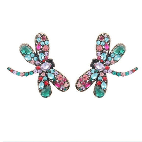 Colorful Rhinestone Dragonfly Earrings - Picture 5 of 7